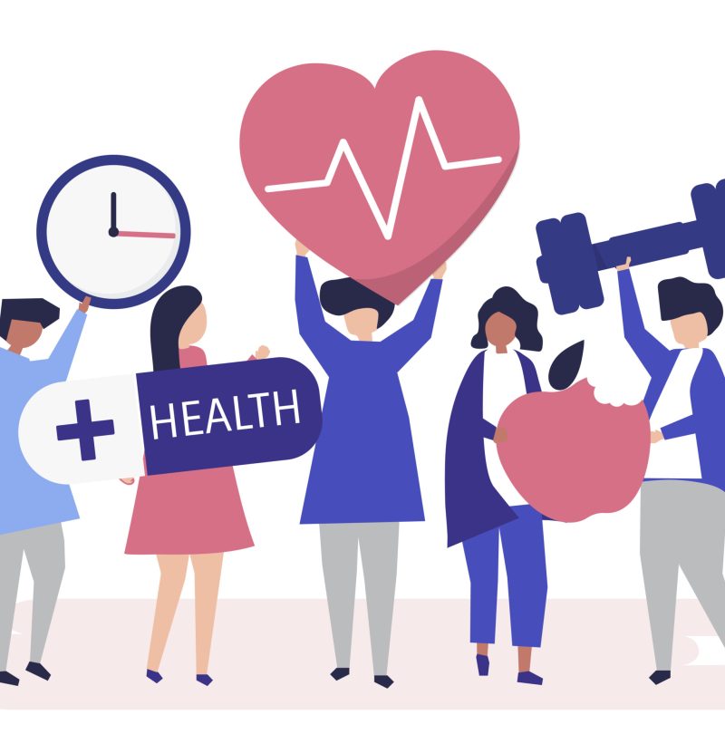 Healthy people carrying different icons related to healthy lifestyle